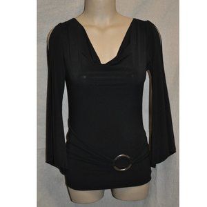 👽 2 trendy	womens black stretchy slinky blouse belted top sz M (35)